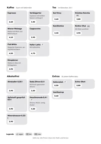 Vorlage für die Getränkekarte „Kacheln“ mit Kaffee, Tee und Preisen