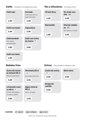 Plantilla de carta de bebidas «Tarjetas» con cafés, tés y precios