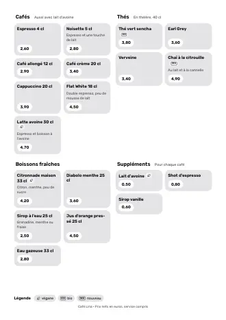 Modèle de carte des boissons « Vignettes » avec cafés, thés et prix