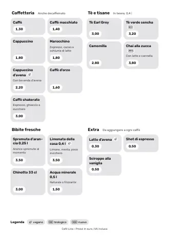 Modello di menu bevande “Tessere” con caffè, tè e prezzi