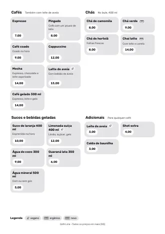 Cardápio de bebidas no estilo “Blocos” com cafés, chás e preços