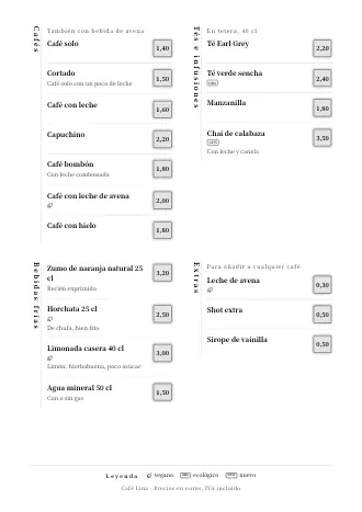 Plantilla de carta de bebidas «Zen» con cafés, tés y precios