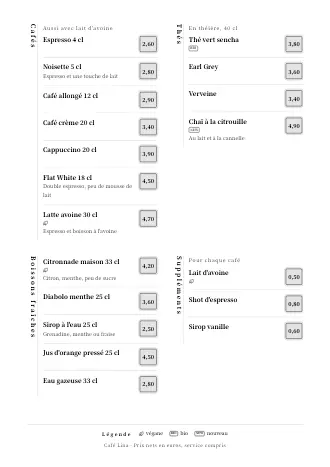 Modèle de carte des boissons « Zen » avec cafés, thés et prix