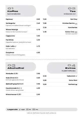 Vorlage für die Getränkekarte „Zickzack“ mit Kaffee, Tee und Preisen