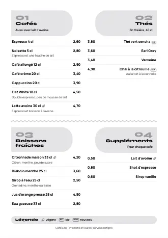 Modèle de carte des boissons « Zigzag » avec cafés, thés et prix