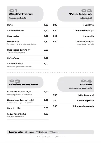 Modello di menu bevande “Zigzag” con caffè, tè e prezzi