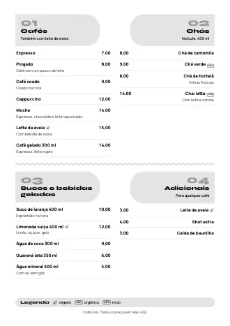 Cardápio de bebidas no estilo “Zigue-zague” com cafés, chás e preços