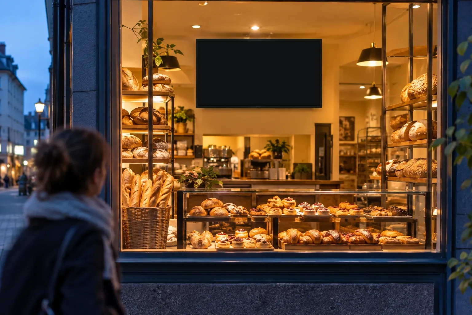 Bakery at dusk, seen from the street. Through the shop window you see a screen with bread, pastries and coffee; a passer-by stops to look.