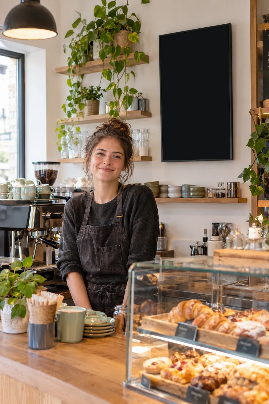 Bright café counter with a barista. A portrait screen on the wall shows the digital menu with coffee and cakes.