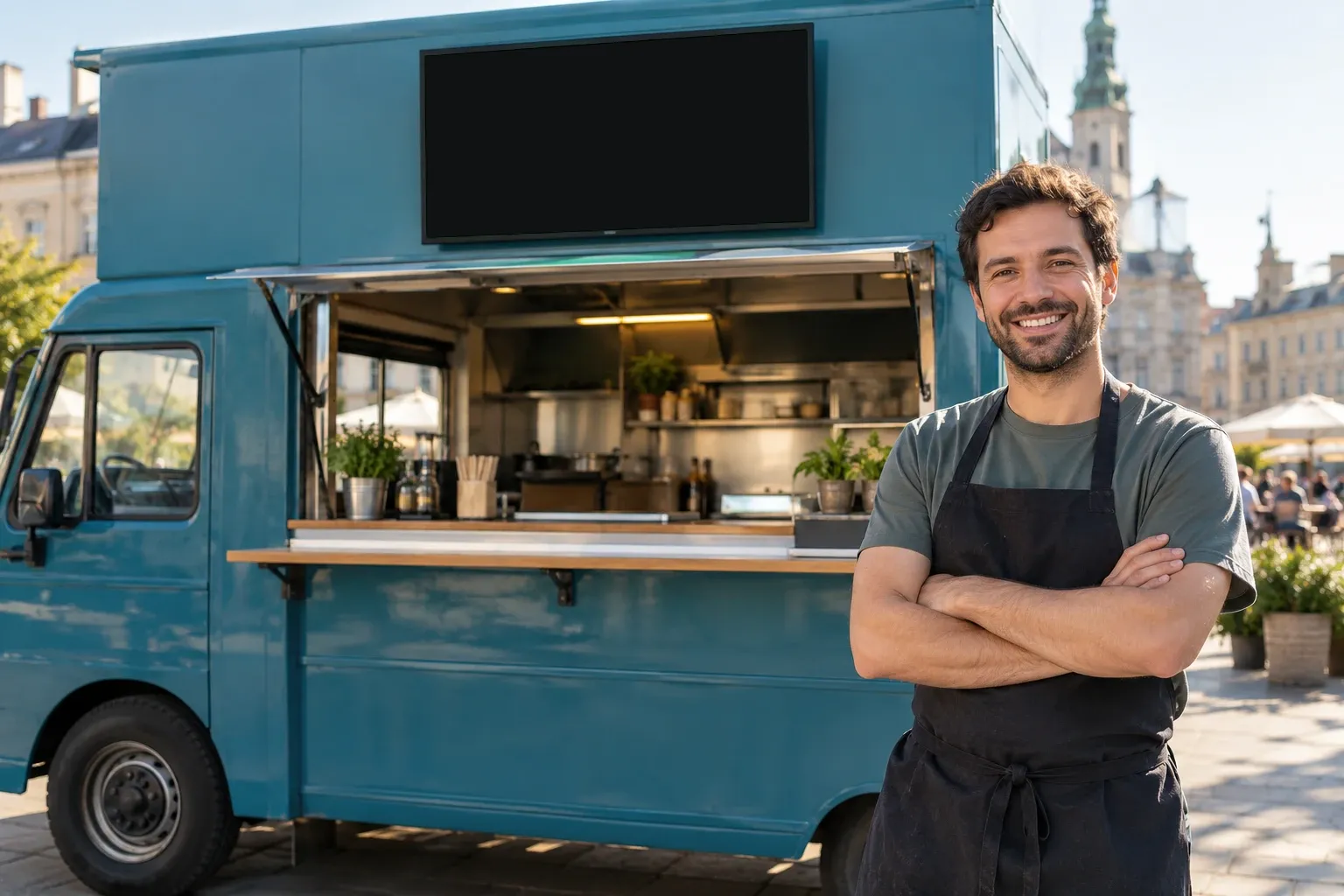 Food truck with a TV above the serving hatch showing the digital menu board with burgers, fries and drinks; the smiling owner stands in front of it, arms crossed.