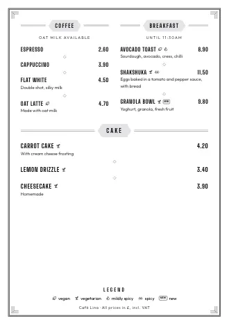 Café menu template “Roaring Twenties” with dishes and prices