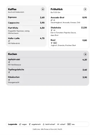 A4-Speisekarte von Café Lina im Stil „Kästen“ zum Ausdrucken