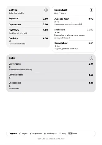 A4 menu of Café Lina in the “Boxes” style, ready to print
