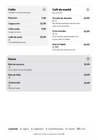 Cardápio A4 do Café Lina no estilo “Caixas”, pronto para imprimir