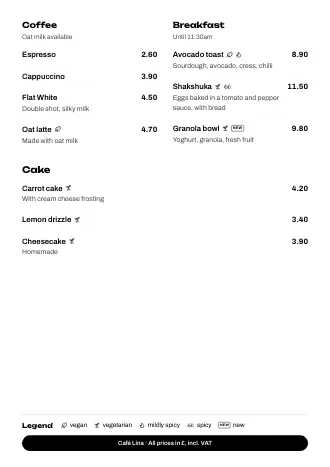 Café menu template “Buttons at the bottom” with dishes and prices
