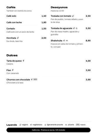 Plantilla de menú «Botones abajo» con platos y precios