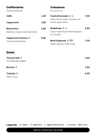 Modello di menu “Pulsanti in basso” con piatti e prezzi