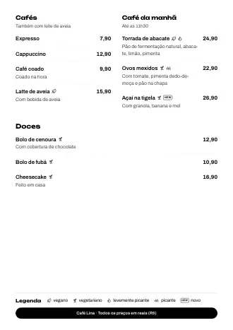 Cardápio pronto no estilo “Botões embaixo” com pratos e preços
