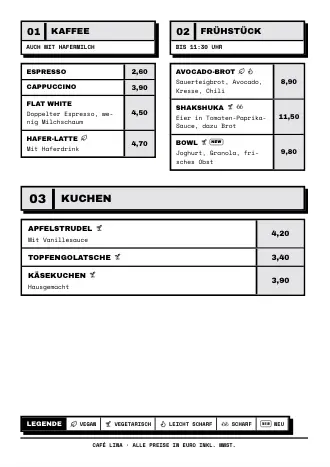 Menükarte Vorlage „Dicke Rahmen“ mit Gerichten und Preisen
