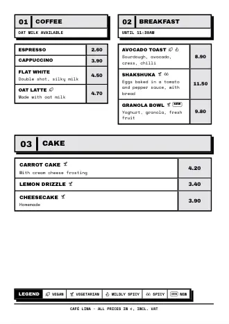 Café menu template “Bold frames” with dishes and prices