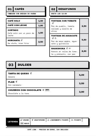 Plantilla de menú «Marcos gruesos» con platos y precios