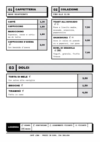 Modello di menu “Cornici spesse” con piatti e prezzi