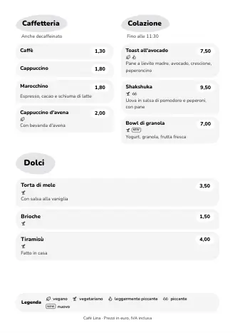 Modello menu ristorante in stile “Caffè pastello” (A4)