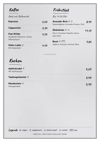 A4-Speisekarte von Café Lina im Stil „Kreidetafel“ zum Ausdrucken