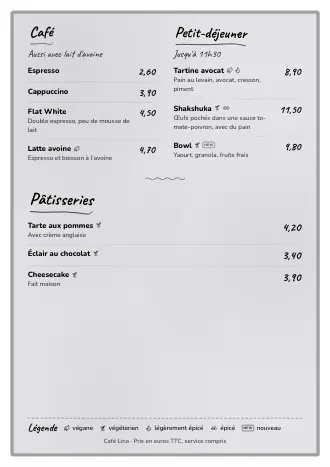 Carte A4 de Café Lina en style « Ardoise », prête à imprimer