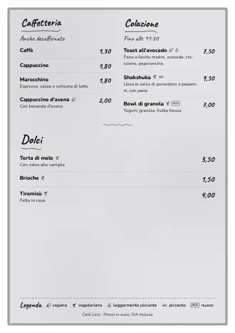 Menu A4 di Café Lina in stile “Lavagna”, pronto da stampare