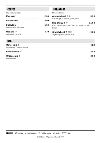A4 menu of Café Lina in the “Compact” style, ready to print