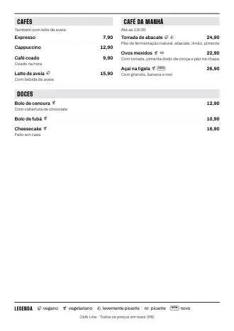 Cardápio A4 do Café Lina no estilo “Compacto”, pronto para imprimir