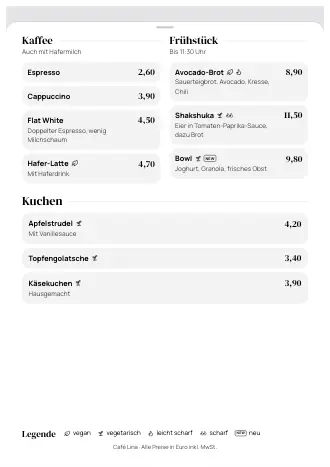 A4-Speisekarte von Café Lina im Stil „Großer Auftritt“ zum Ausdrucken