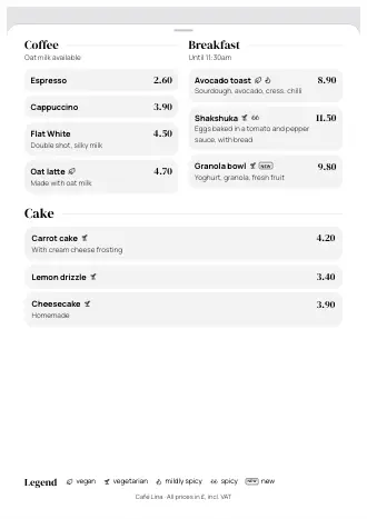 A4 menu of Café Lina in the “Big entrance” style, ready to print