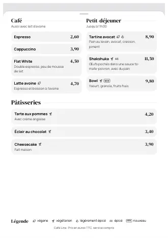 Carte A4 de Café Lina en style « Grande entrée », prête à imprimer