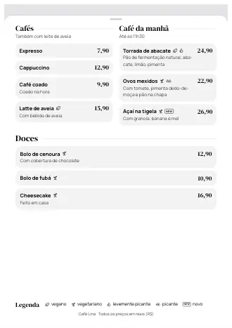 Cardápio A4 do Café Lina no estilo “Grande entrada”, pronto para imprimir