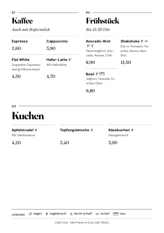 Menükarte Vorlage „Magazin“ mit Gerichten und Preisen