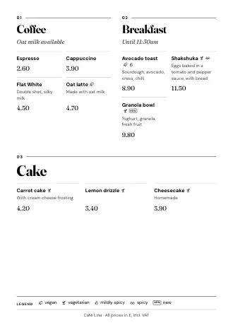 Café menu template “Magazine” with dishes and prices