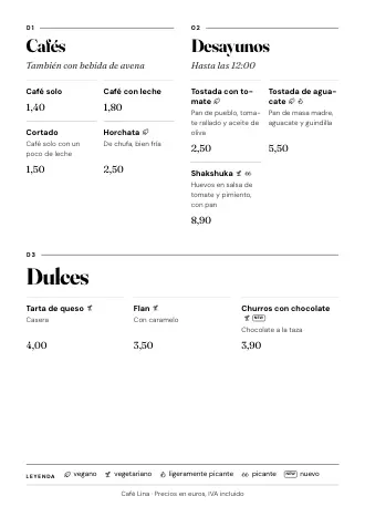 Plantilla de menú «Revista» con platos y precios