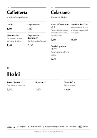 Modello di menu “Rivista” con piatti e prezzi