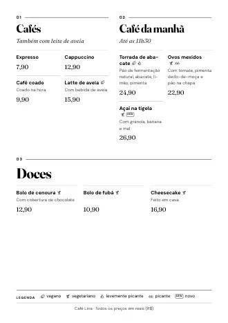 Cardápio pronto no estilo “Revista” com pratos e preços