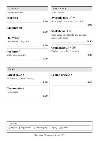 A4 menu of Café Lina in the “Newspaper” style, ready to print