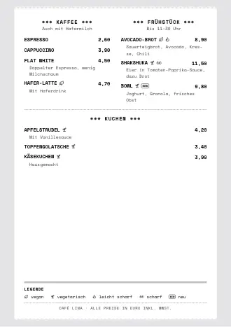 A4-Speisekarte von Café Lina im Stil „Kassenbon“ zum Ausdrucken