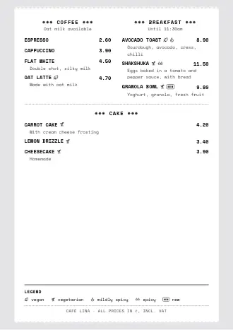 A4 menu of Café Lina in the “Receipt” style, ready to print
