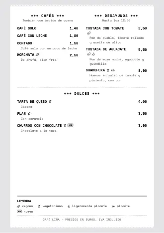Carta A4 de Café Lina con el estilo «Ticket de caja», lista para imprimir