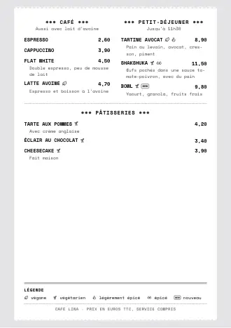 Carte A4 de Café Lina en style « Ticket de caisse », prête à imprimer