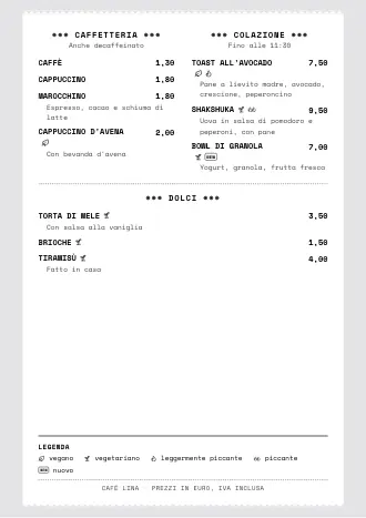 Menu A4 di Café Lina in stile “Scontrino”, pronto da stampare
