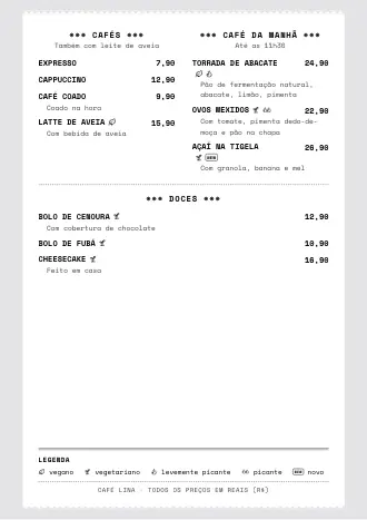 Cardápio A4 do Café Lina no estilo “Cupom fiscal”, pronto para imprimir