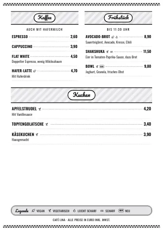 A4-Speisekarte von Café Lina im Stil „50er-Diner“ zum Ausdrucken