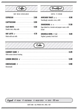A4 menu of Café Lina in the “50s diner” style, ready to print